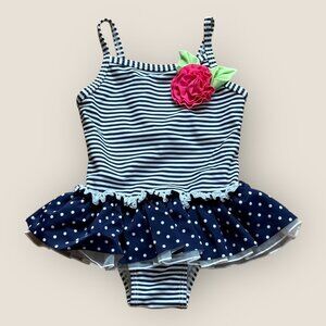 Little Me Navy Striped Polka Dot Tutu Swimsuit Size 2T One Piece Bathing Suit